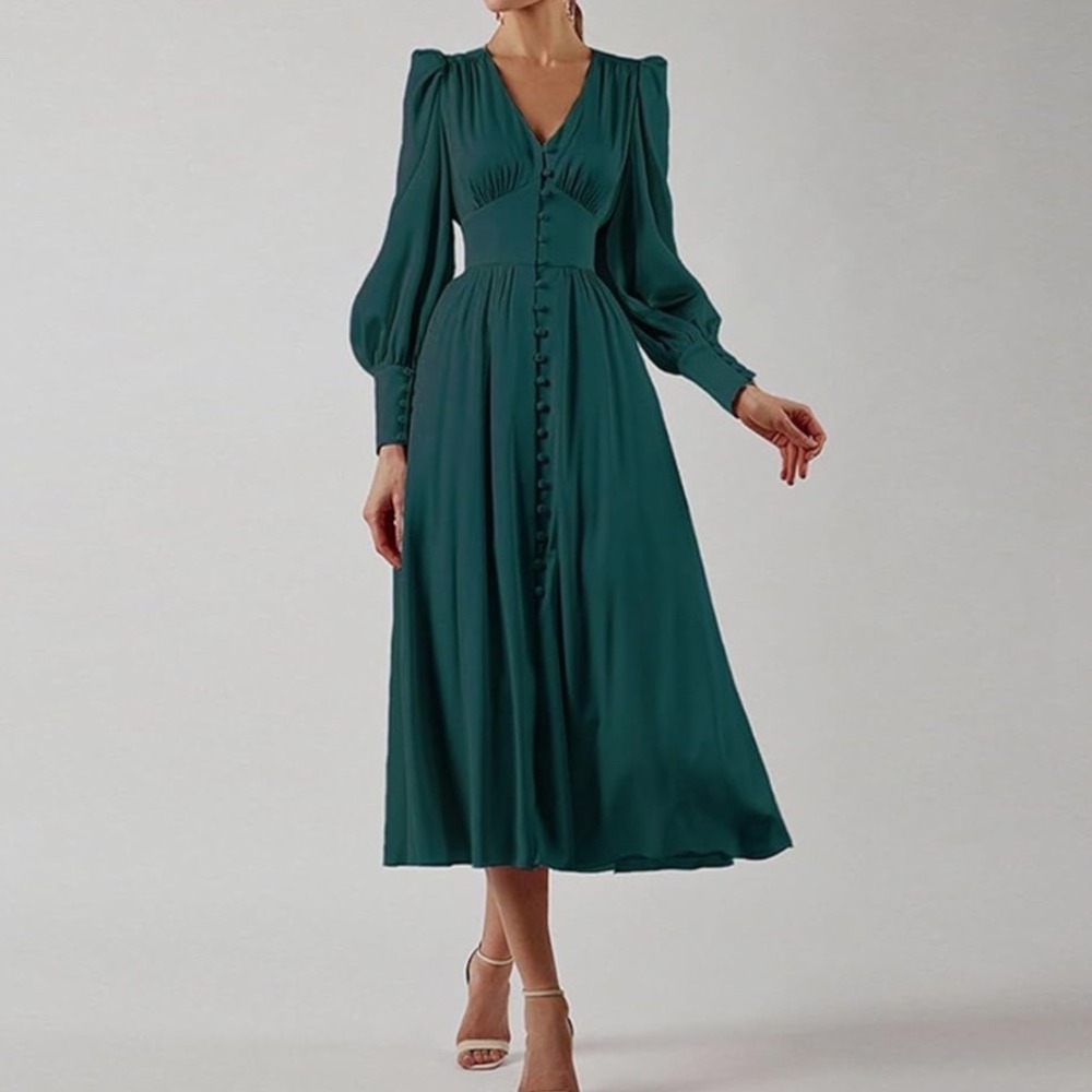 Colon‎ Diana Teal Satin Bishop Sleeve Button Front Midi Dress Womens